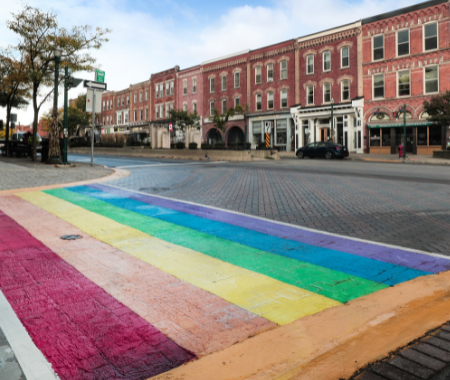Rainbow crosswalk on historic street